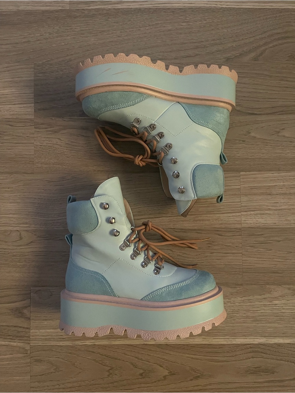 Koi Footwear Blue Hydra Matrix Platform Lace-Up Ankle Boots in Pastel Light Blue